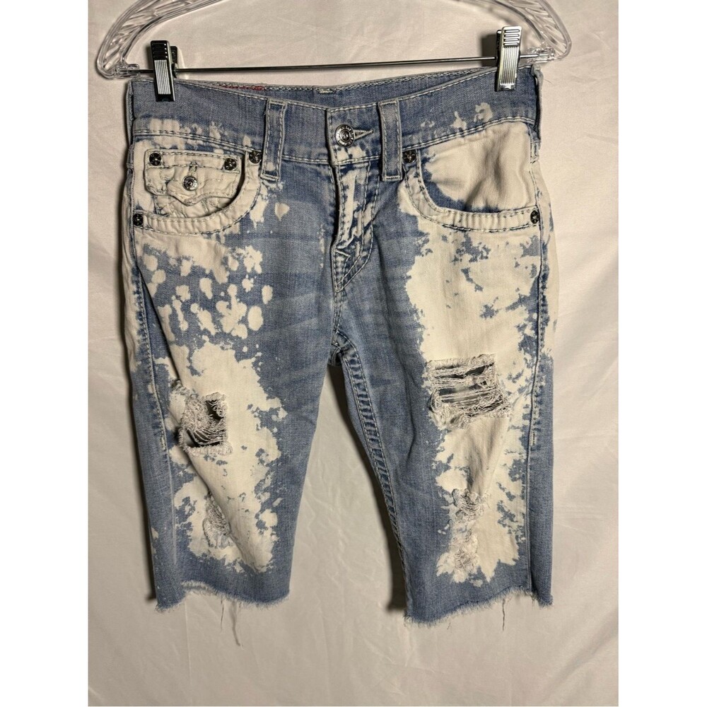 True Religion Bleach Splatter Distressed Cutoff Jean Shorts Straight Flap Big T